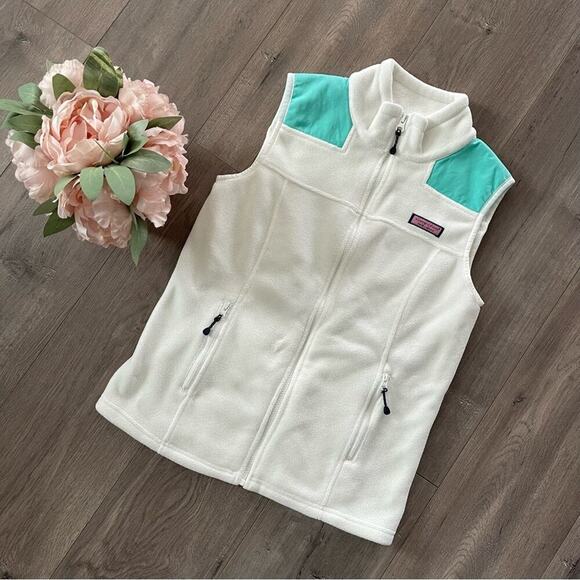Vineyard Vines White & Tiffany Blue Fleece Vest - Picture 1 of 4